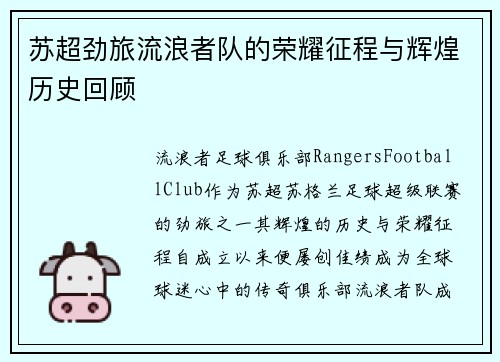 苏超劲旅流浪者队的荣耀征程与辉煌历史回顾