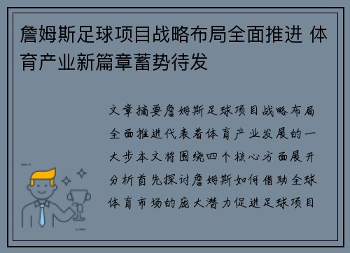 詹姆斯足球项目战略布局全面推进 体育产业新篇章蓄势待发